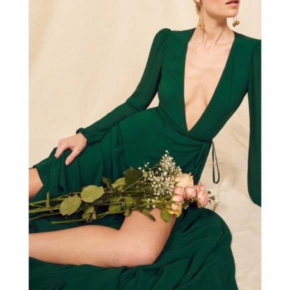 Reformation Milan Emerald Green Long Sleeve Wrap Maxi Dress Medium - Picture 4 of 11
